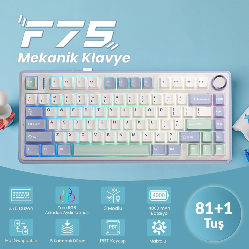 Aula F75 Ice Vein Switch Hot Swap RGB Pastel Kablosuz Mekanik Gaming Klavye