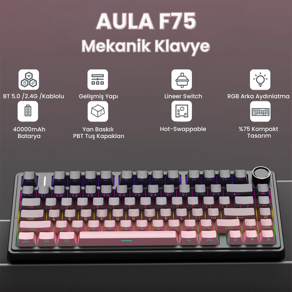 Aula F75 Reaper Switch Hot Swap TKL RGB Gradyan Pembe Kablosuz Mekanik Gaming Klavye