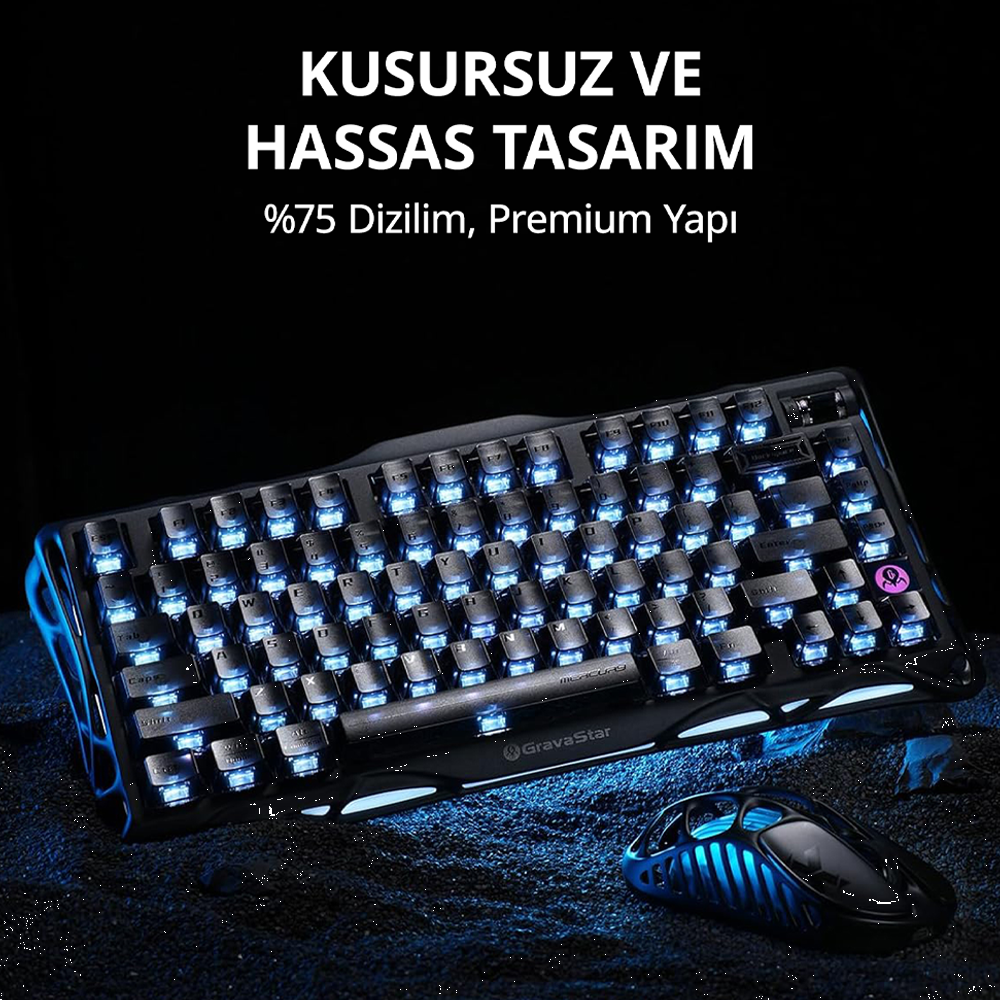 GravaStar Mercury K1 RGB Linear Key Switch İngilizce Q Black Kablosuz Gaming Klavye