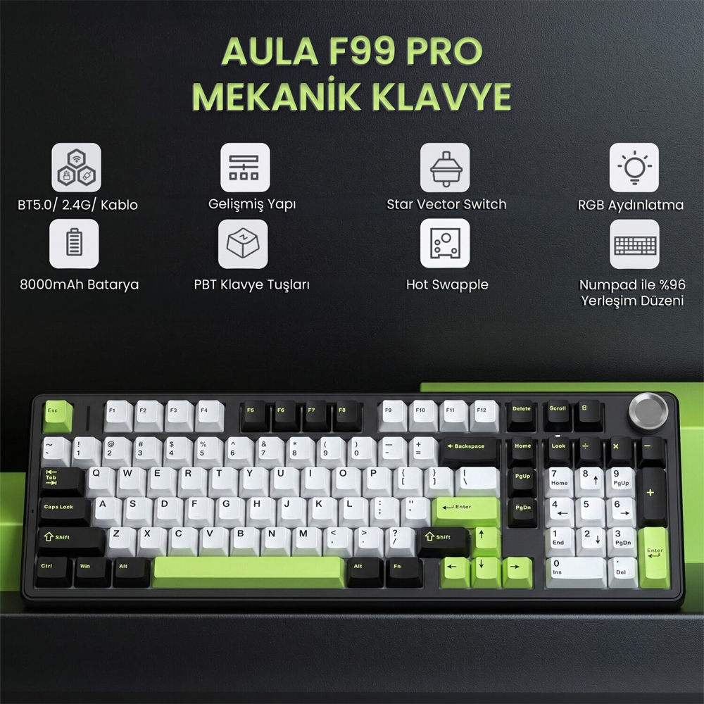 Aula F99 Pro Star Vector Switch Hot Swap RGB Yeşil Kablosuz Mekanik Gaming Klavye