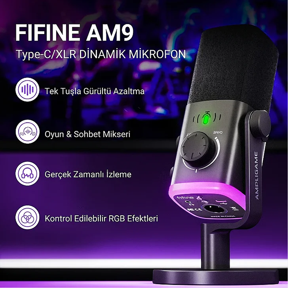 Fifine Ampligame AM9 XLR USB RGB Hibrit Yayıncı Mikrofonu
