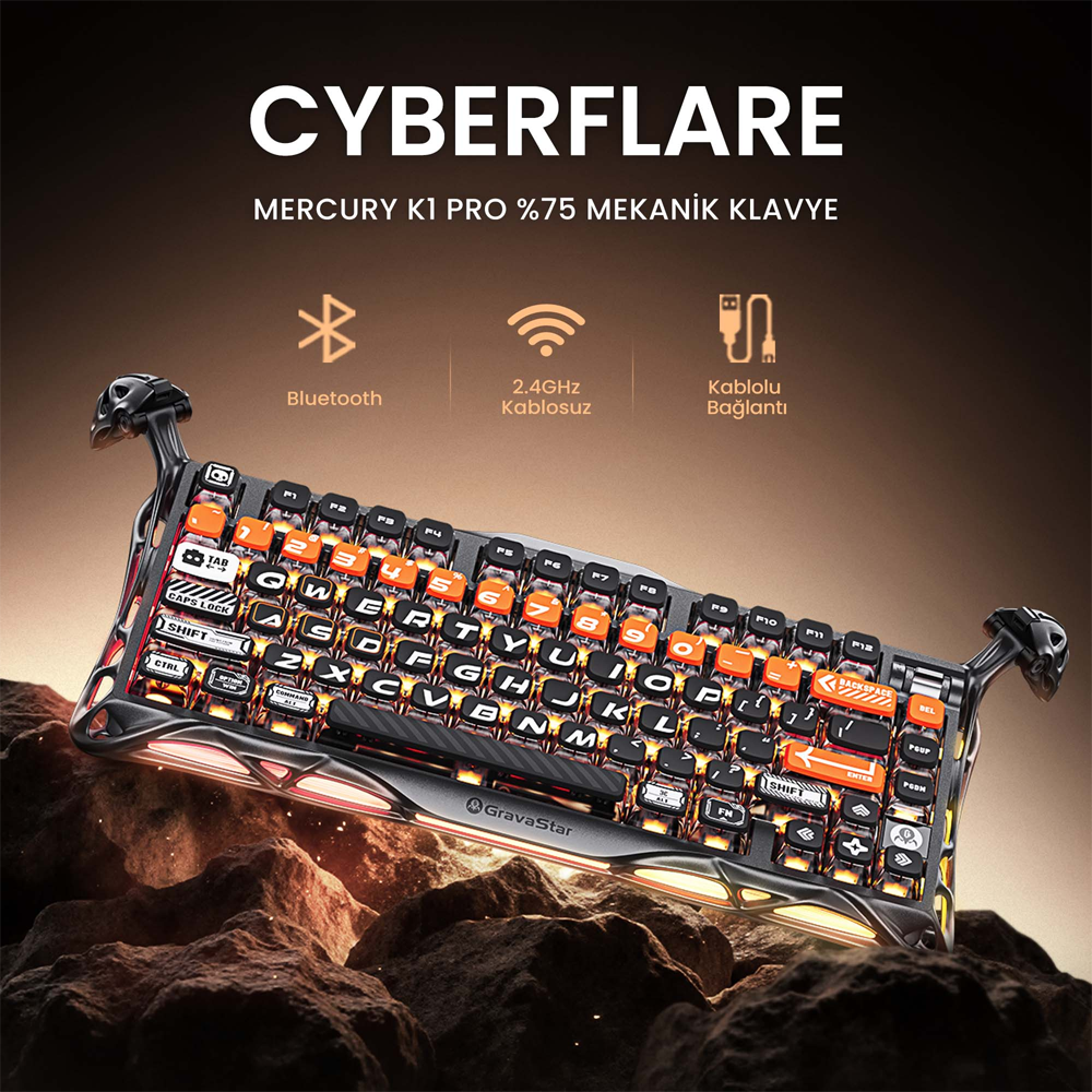 GravaStar Mercury K1 Pro RGB Lineer Switch İngilizce Q CyberFlare Kablosuz Gaming Klavye