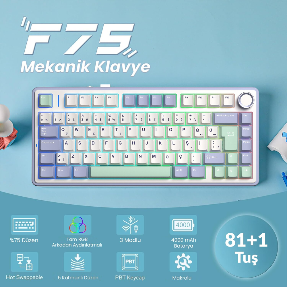 Aula F75 GrayWood V4 Switch Hot Swap RGB Pastel Türkçe Kablosuz Mekanik Gaming Klavye