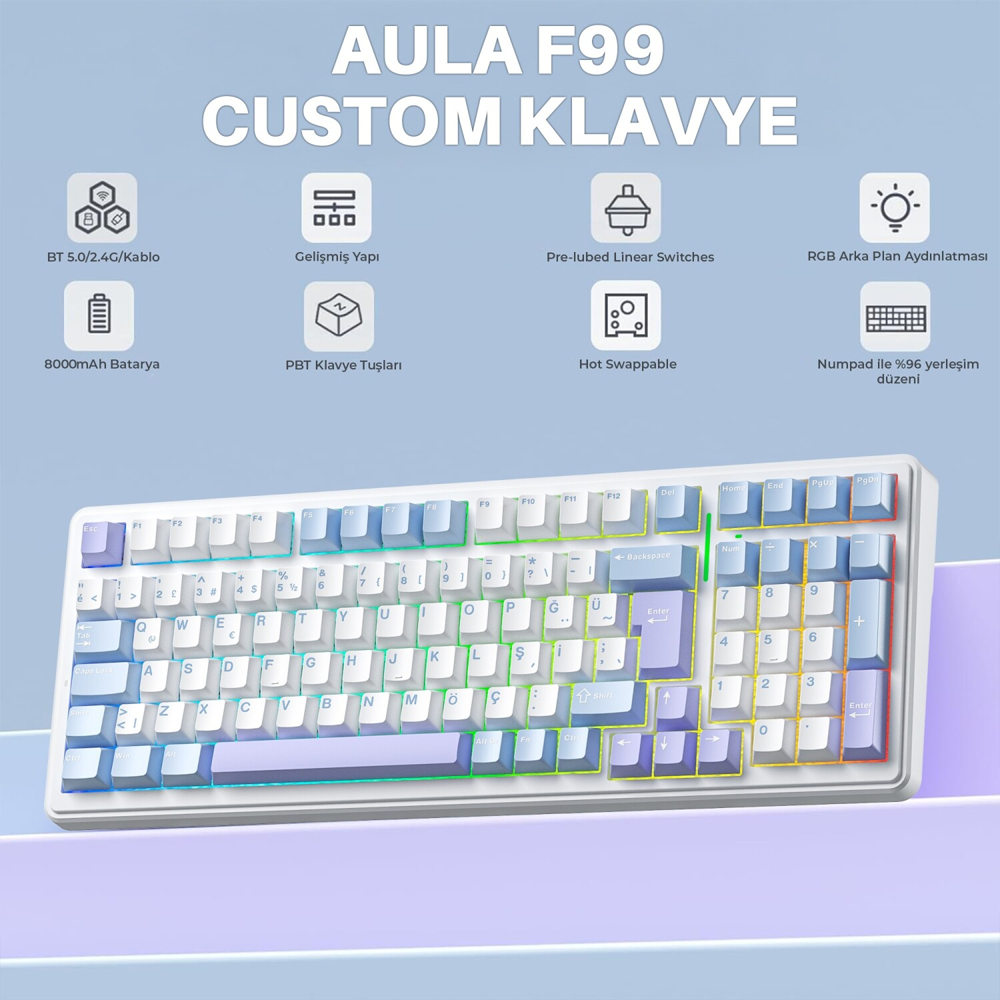 Aula F99 Linear GrayWood V4 Switch Hot Swap RGB Mavi Kablosuz Gaming Klavye