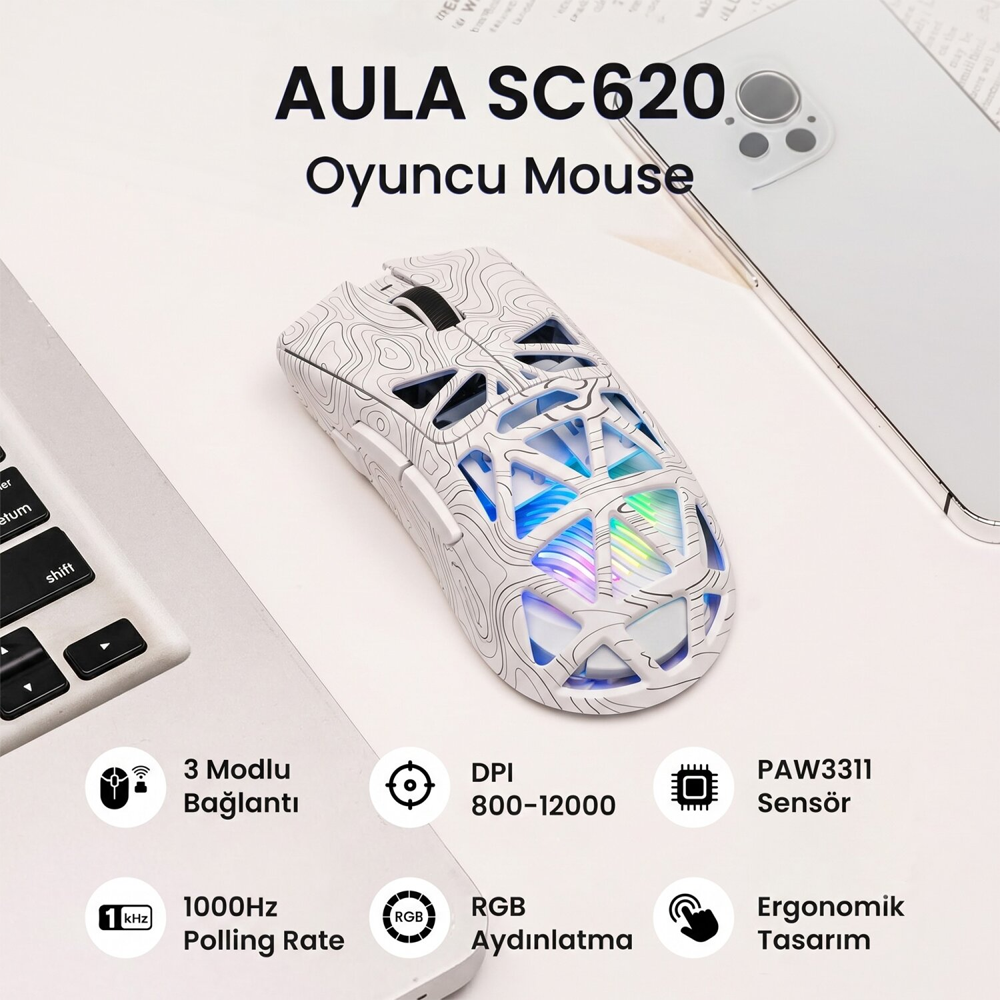 Aula SC620 PAW3311 12000 DPI 1000Hz Kablosuz Desenli Beyaz Gaming Mouse