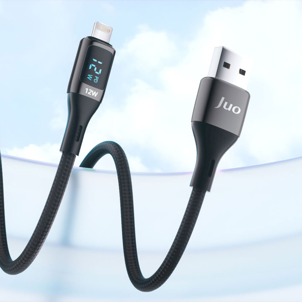 Juo 12W Dijital Led Ekranlı USB-A Lightning İphone İpad Örgülü Siyah Data Ve Hızlı Şarj Kablosu 2 Metre