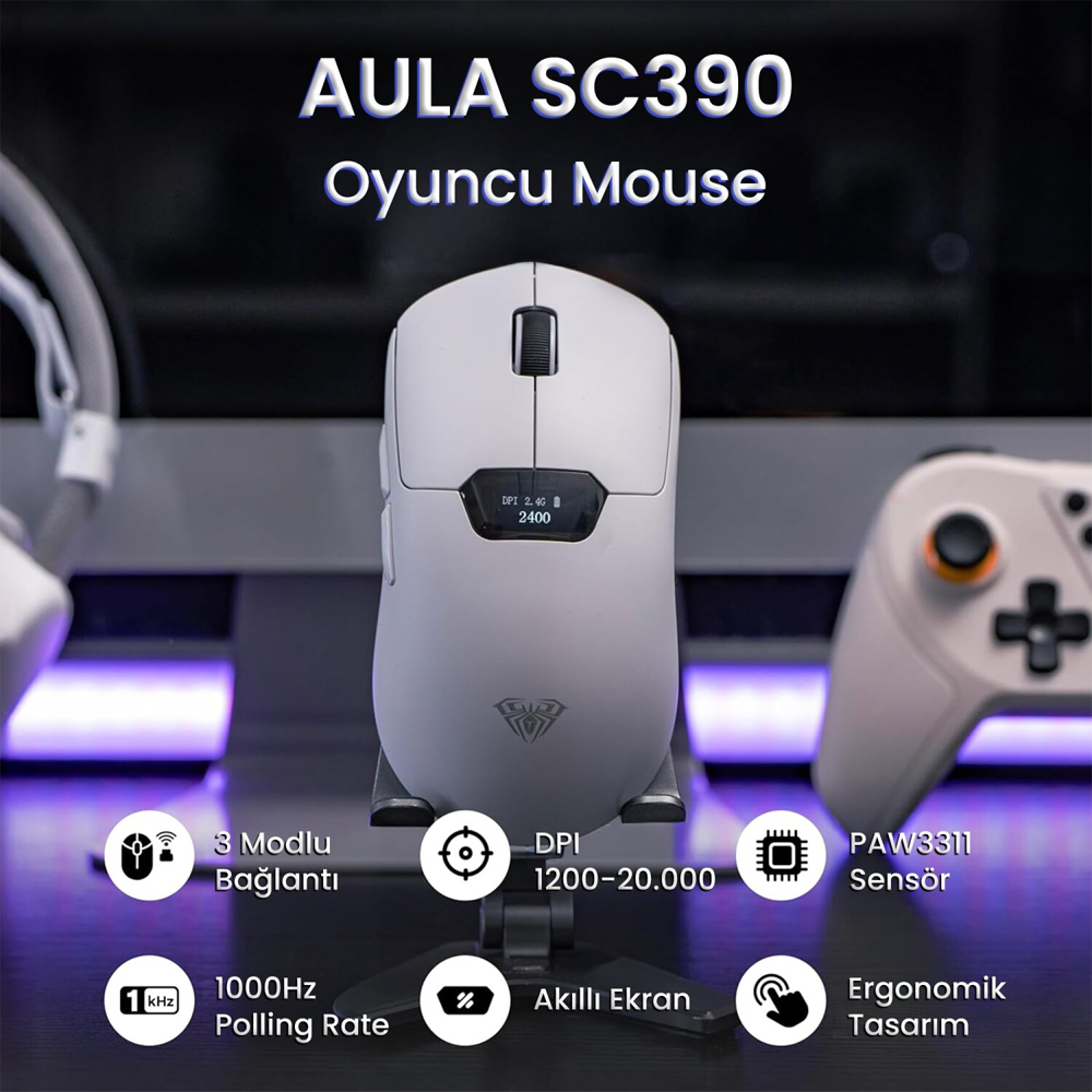 Aula SC390 Pro PAW3311 20000 DPI 1000Hz Kablosuz Beyaz Gaming Mouse