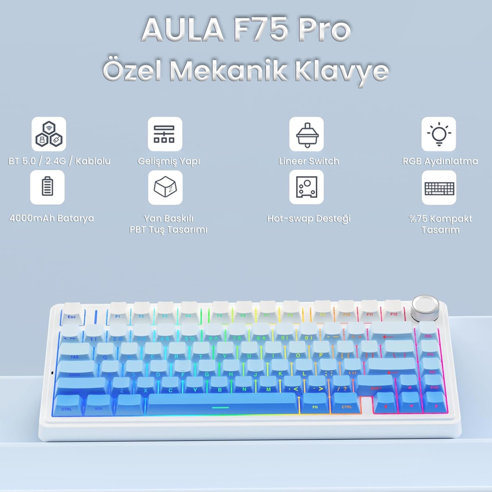 Aula F75 Seiya Switch Hot Swap TKL RGB Mavi Kablosuz Gaming Klavye