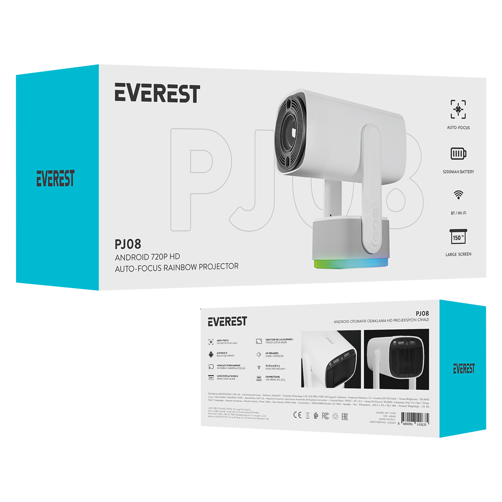 EVEREST PJ08 150 ANSI Lümen RGB 1280X720 HD 4K Beyaz Projeksiyon Cihazı