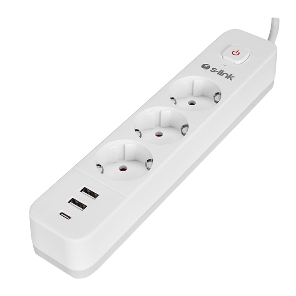 S-link SPG03TC 1.5mm Bakır 750 USB Type-C Joule 3lü Anahtarlı Akım Korumalı Beyaz Priz