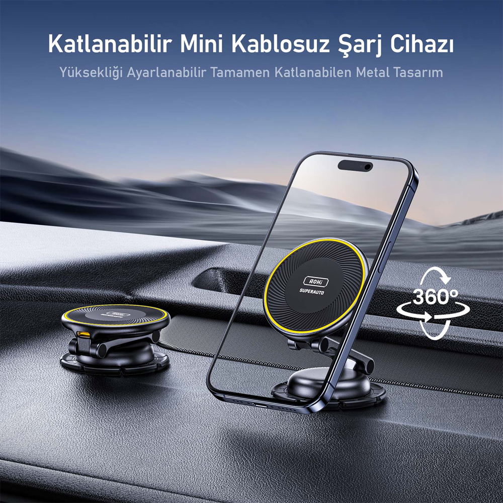 AOHI Superauto Kablosuz Magsafe Araç İçi Şarjı, Mıknatıslı Şarj Cihazı, 15W Siyah Hızlı Şarj Aleti