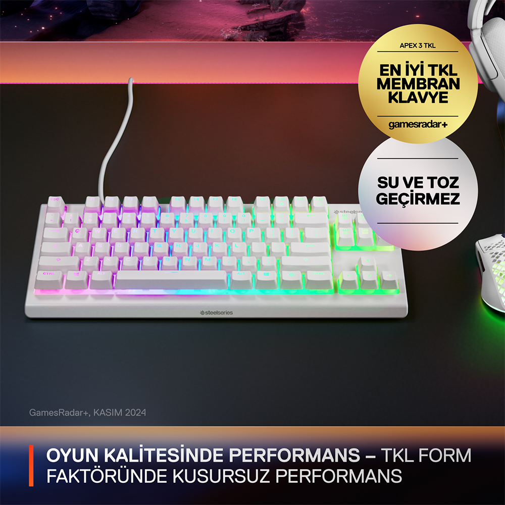SteelSeries Apex 3 TKL Whisper-Quiet Switch Beyaz Kablolu Gaming Klavye