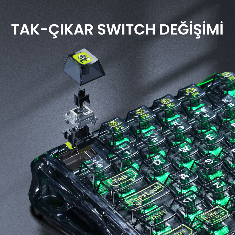 GravaStar Mercury K1 Lite RGB Linear Key Switch Türkçe Q Transparent Siyah Kablosuz Gaming Klavye