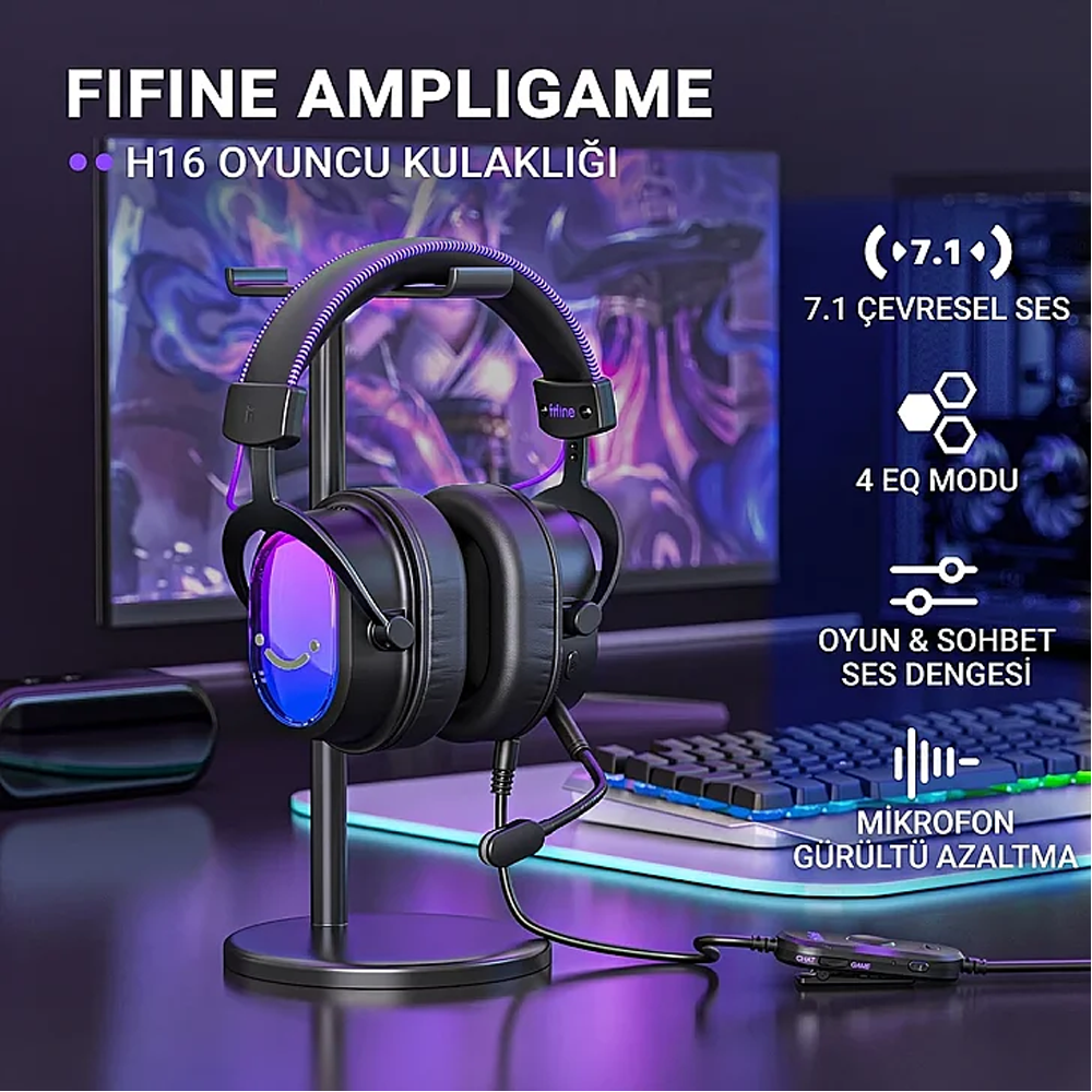 Fifine Ampligame H16 Mikrofonlu 7.1 RGB Siyah Gaming Kulaklık