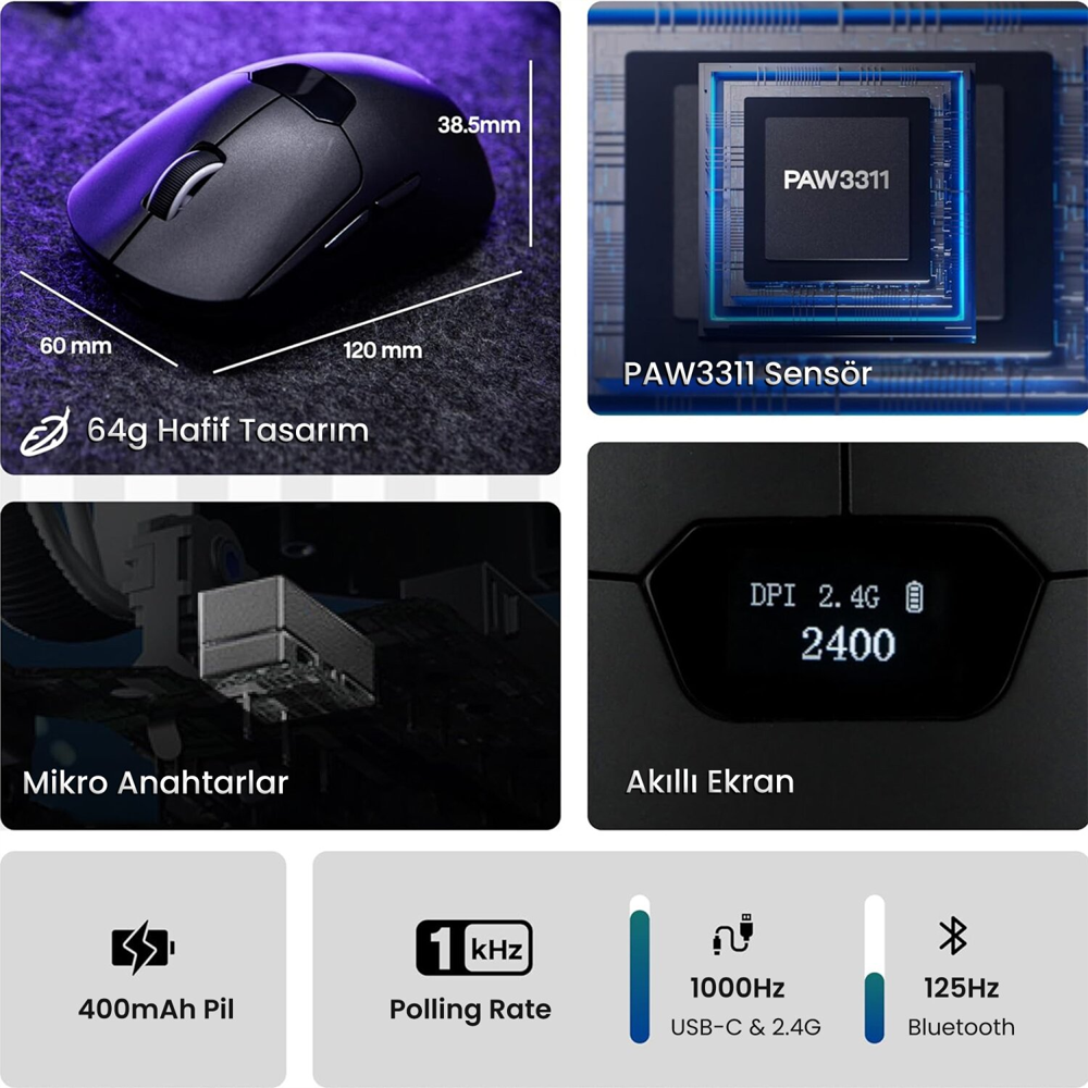 Aula SC390 Pro PAW3311 20000 DPI 1000Hz Kablosuz Siyah Gaming Mouse