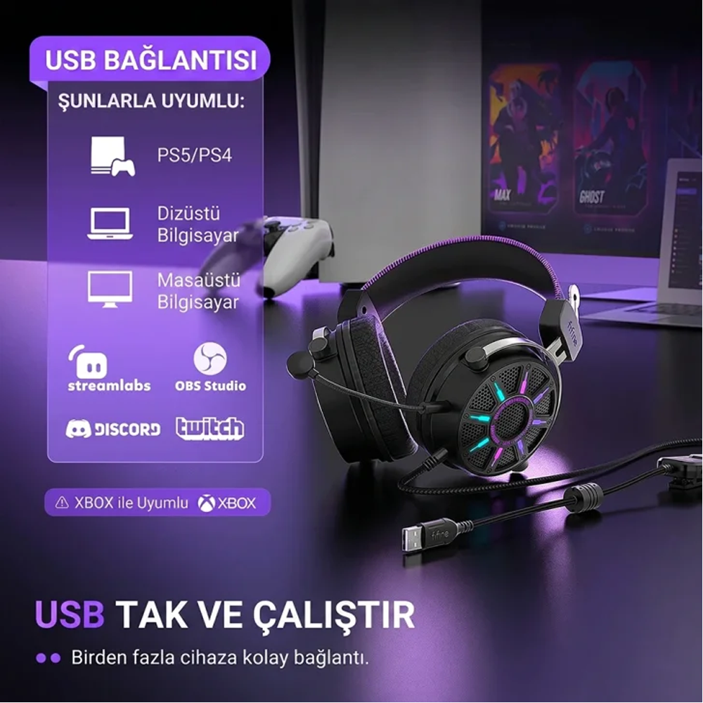 Fifine Ampligame H19 Mikrofonlu 7.1 RGB Siyah Gaming Kulaklık