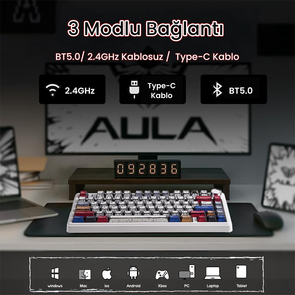 Aula F75 GrayWood V4 Switch Hot Swap RGB Comic Türkçe Kablosuz Mekanik Gaming Klavye
