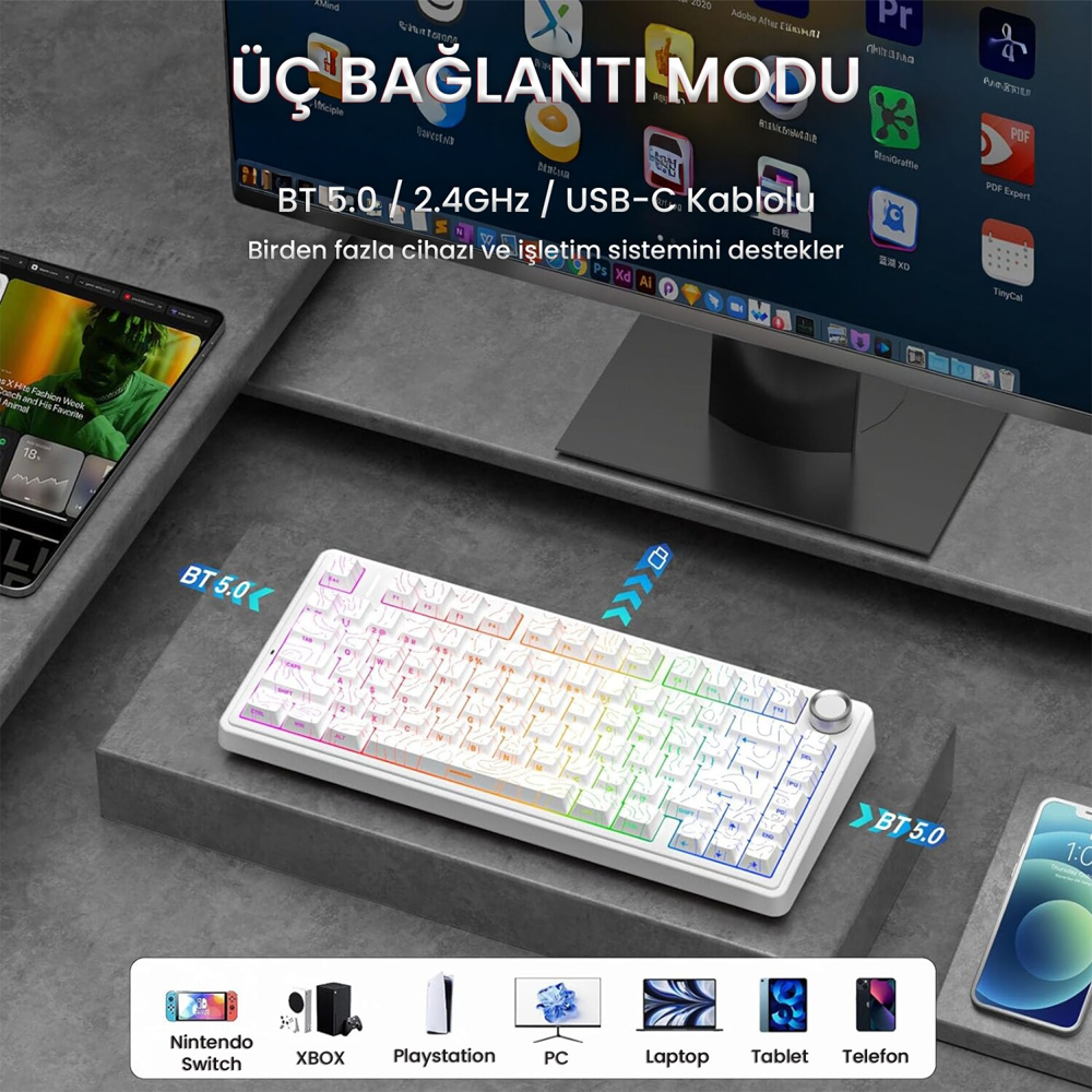 Aula F75 Seiya Switch Hot Swap TKL RGB Desenli Beyaz Kablosuz Gaming Klavye