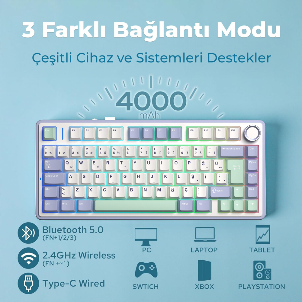 Aula F75 GrayWood V4 Switch Hot Swap RGB Pastel Türkçe Kablosuz Mekanik Gaming Klavye