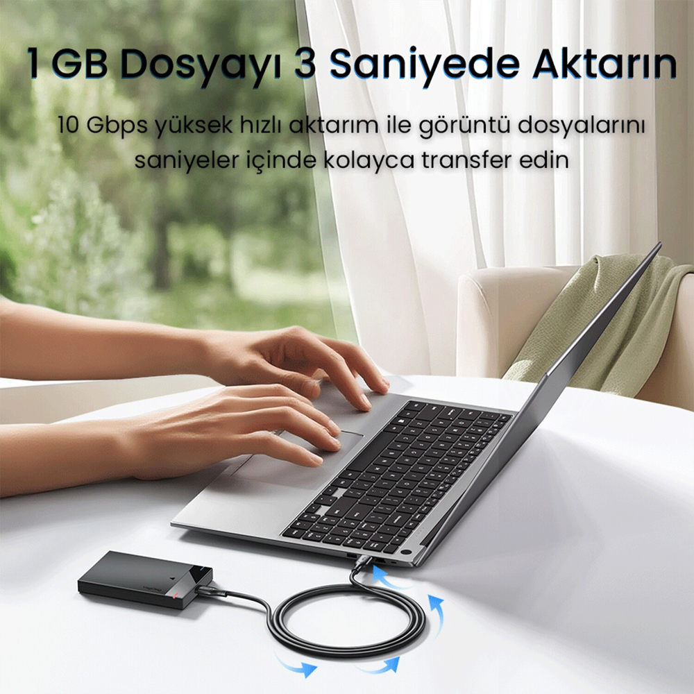 VegGieg USB 3.0 Type-C 60W 10Gbps Data ve Şarj Kablosu 1 Metre
