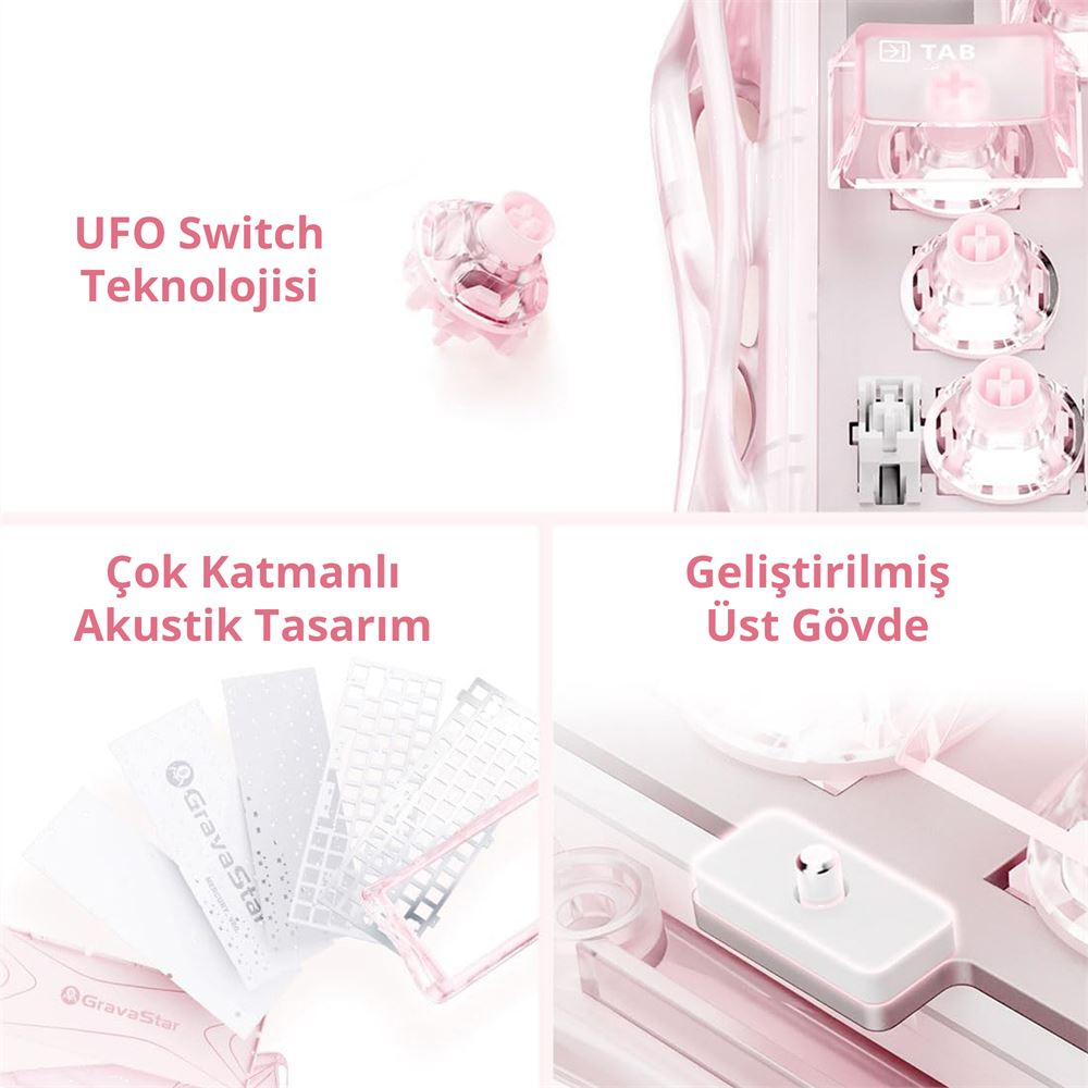GravaStar Mercury V60 Manyetik Switch RGB İngilizce Q Crystal Rose Kablolu Gaming Klavye