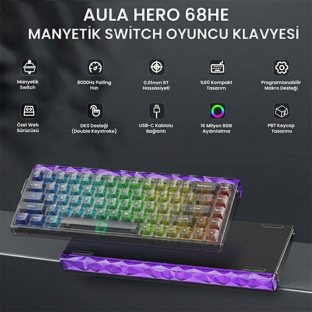 Aula Hero 68 HE Jade King Switch Hot Swap TKL RGB Neon Şeffaf Siyah Kablolu Gaming Klavye