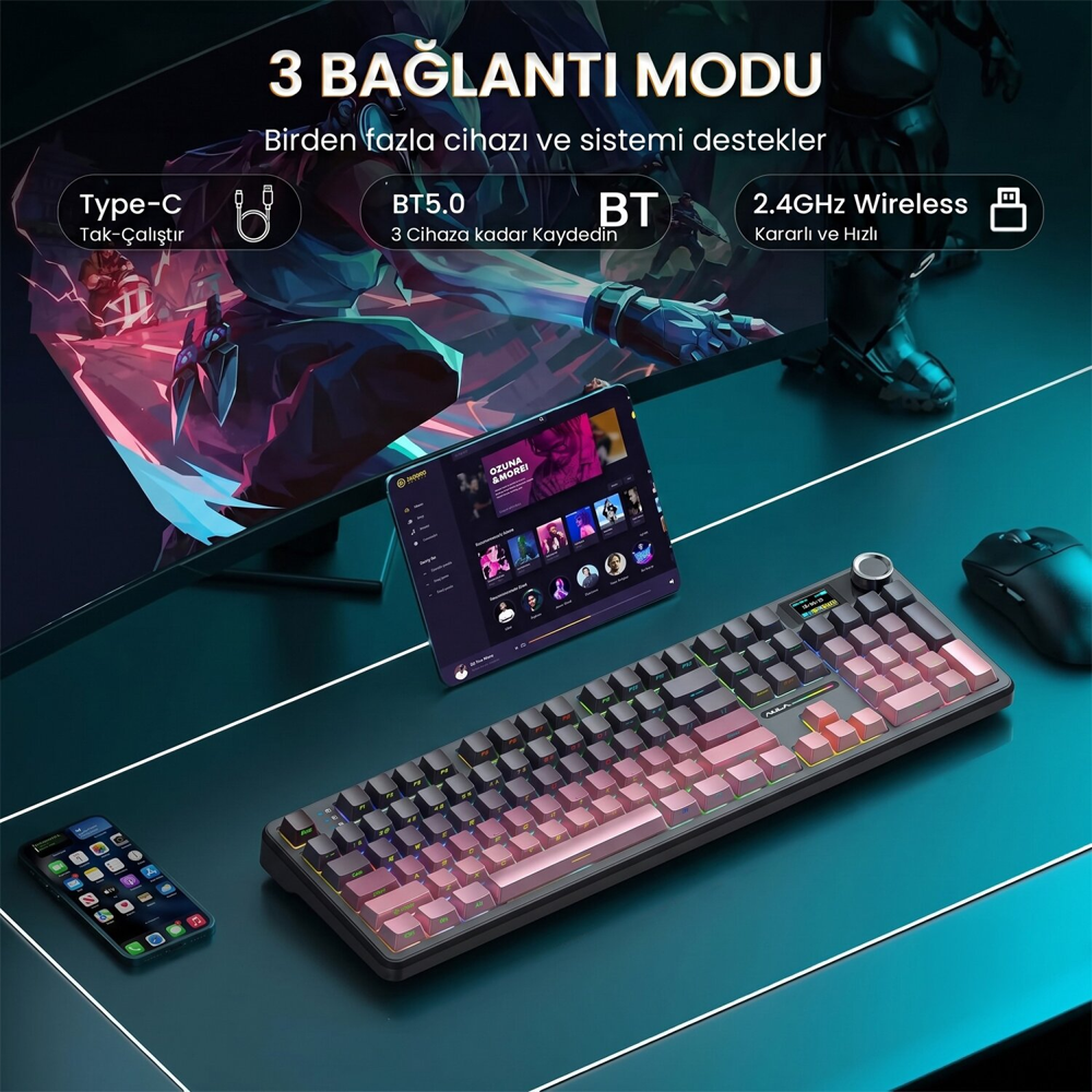 Aula F108 Pro Manyetik Switch Hot Swap RGB Gradyan Pembe Kablosuz Gaming Klavye