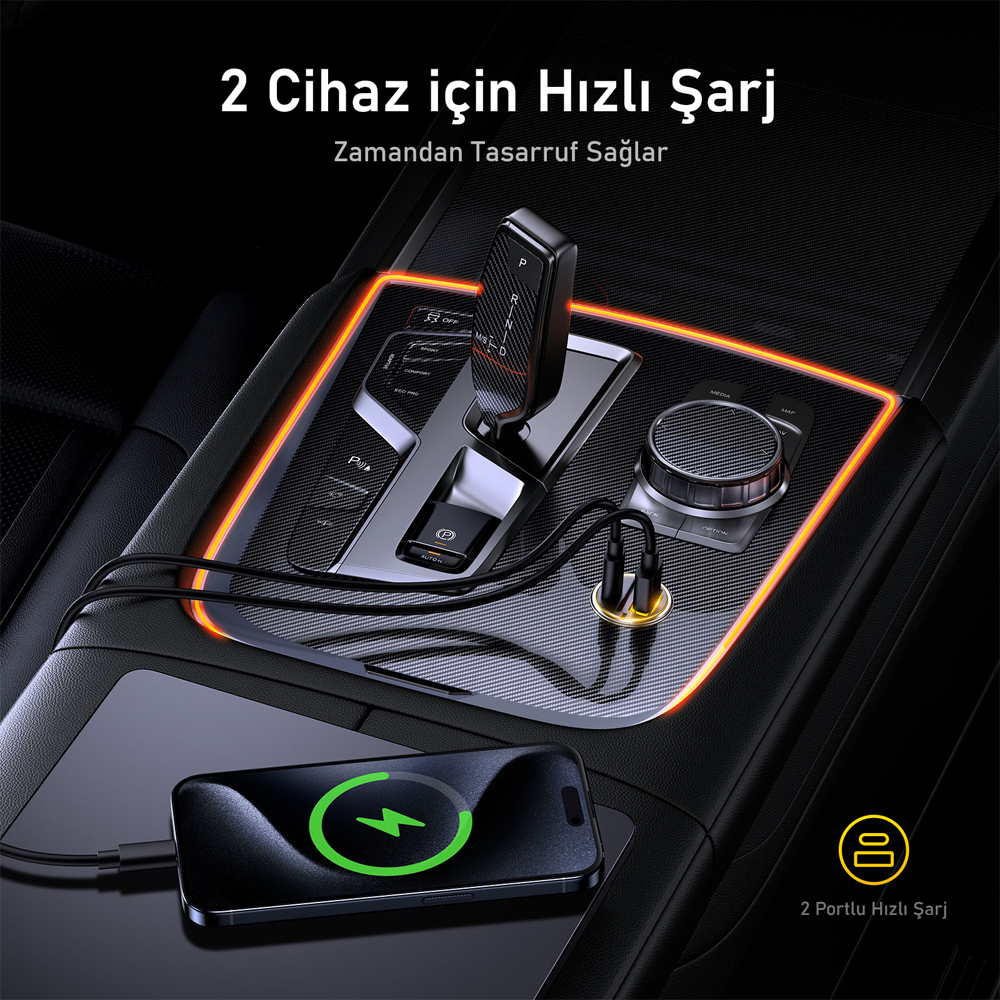AOHI Superauto Araç İçi Şarjı, 2 Portlu PD 65W Type-C ve USB-A Girişli, USB, Siyah Hızlı Şarj Çakmaklık Adaptörü