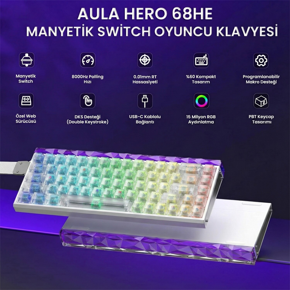 Aula Hero 68 HE Silver Switch Hot Swap TKL RGB Neon Şeffaf Beyaz Kablolu Gaming Klavye