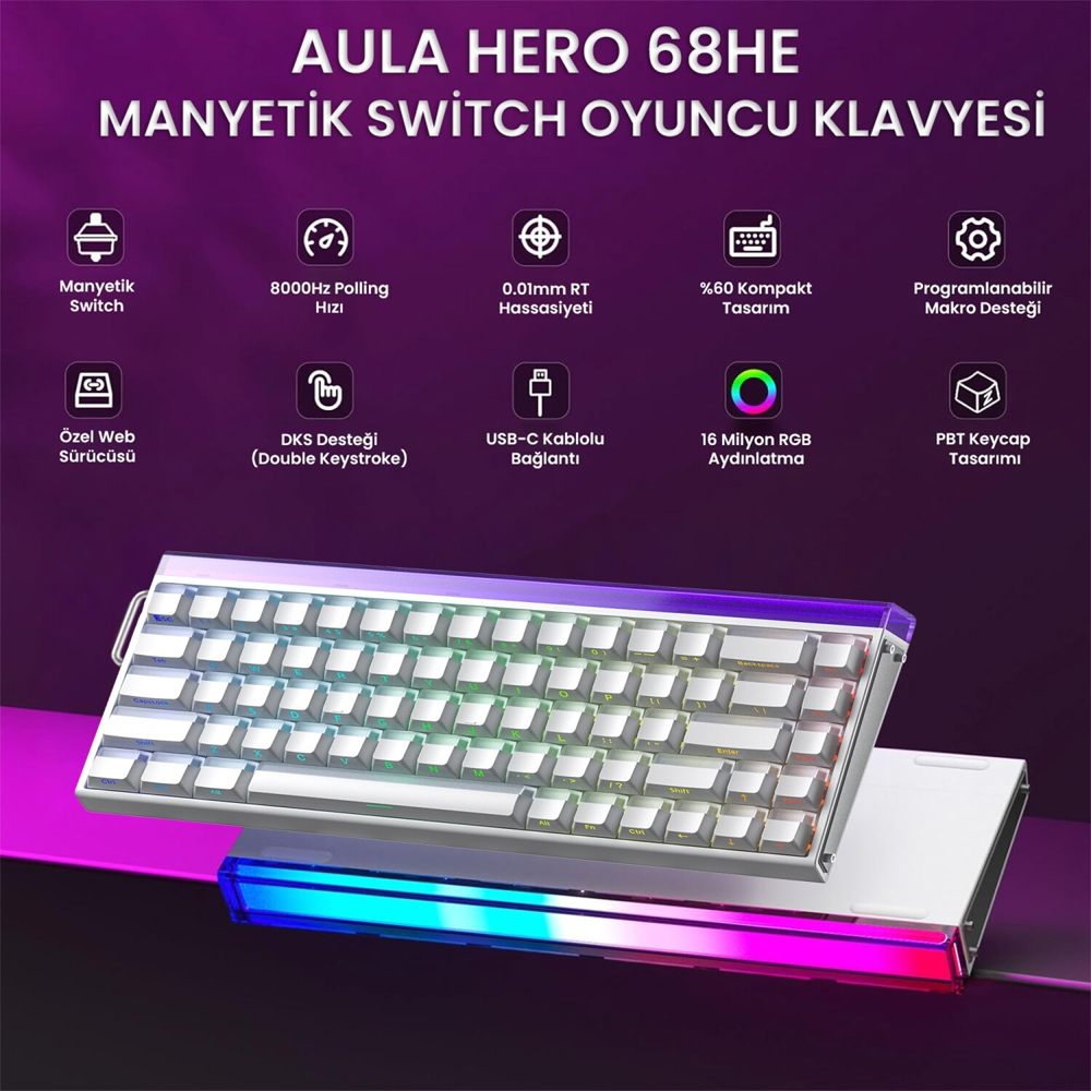 Aula Hero 68 HE Jade King Switch Hot Swap TKL RGB Neon Beyaz Kablolu Gaming Klavye
