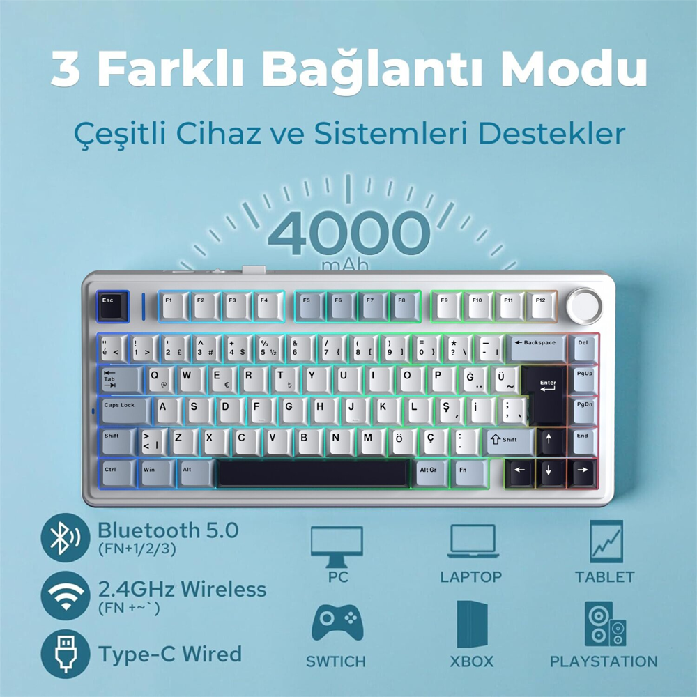 Aula F75 GrayWood V4 Switch Hot Swap RGB Lacivert Türkçe Kablosuz Mekanik Gaming Klavye
