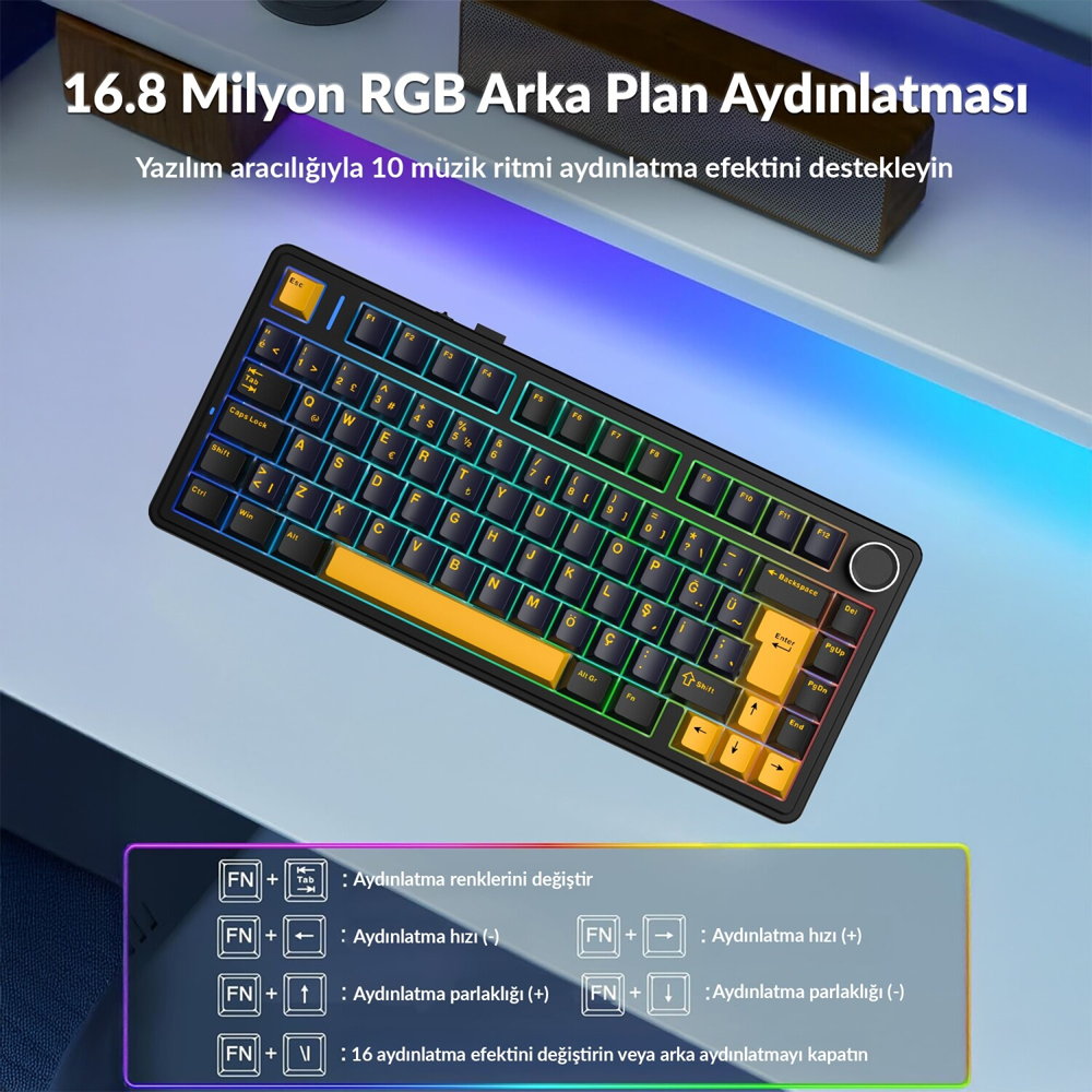 Aula F75 GrayWood V4 Switch Hot Swap RGB Siyah Kablosuz Gaming Klavye
