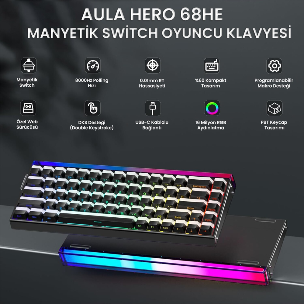 Aula Hero 68 HE Jade King Switch Hot Swap TKL RGB Neon Siyah Kablolu Gaming Klavye