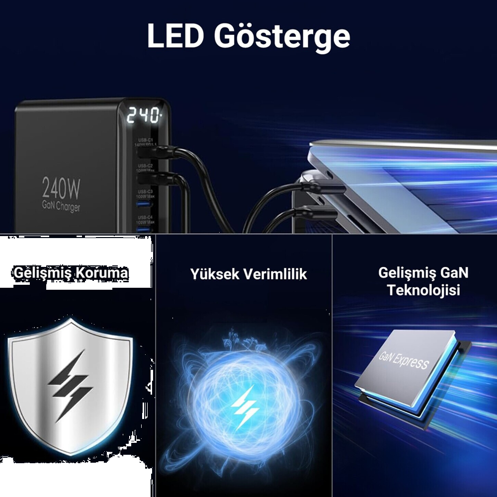 Juo 240W GaN PD 3.1 4 Type-C + 2 USB-A iPhone & MacBook & Laptop Uyumlu Şarj Aleti