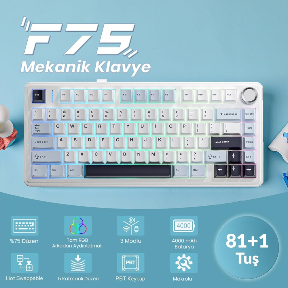 Aula F75 Reaper Switch Hot Swap TKL RGB Lacivert Kablosuz Gaming Klavye