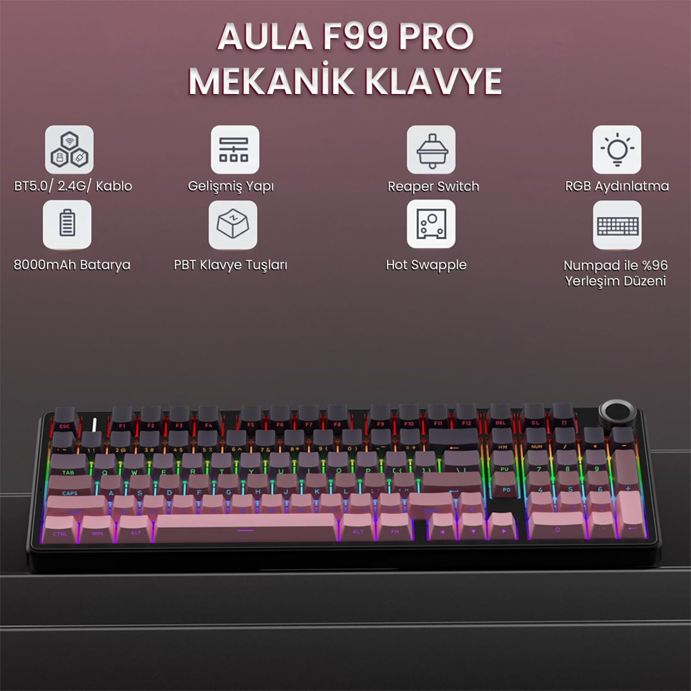 Aula F99 Pro Reaper Switch Hot Swap RGB Grandya Pembe Kablosuz Gaming Klavye