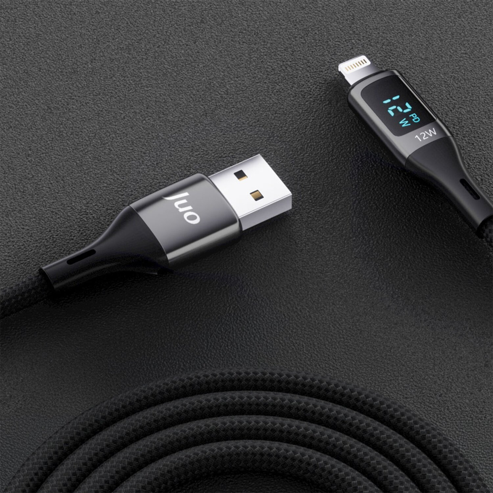 Juo 12W Dijital Led Ekranlı USB-A Lightning İphone İpad Örgülü Siyah Data Ve Hızlı Şarj Kablosu 1 Metre