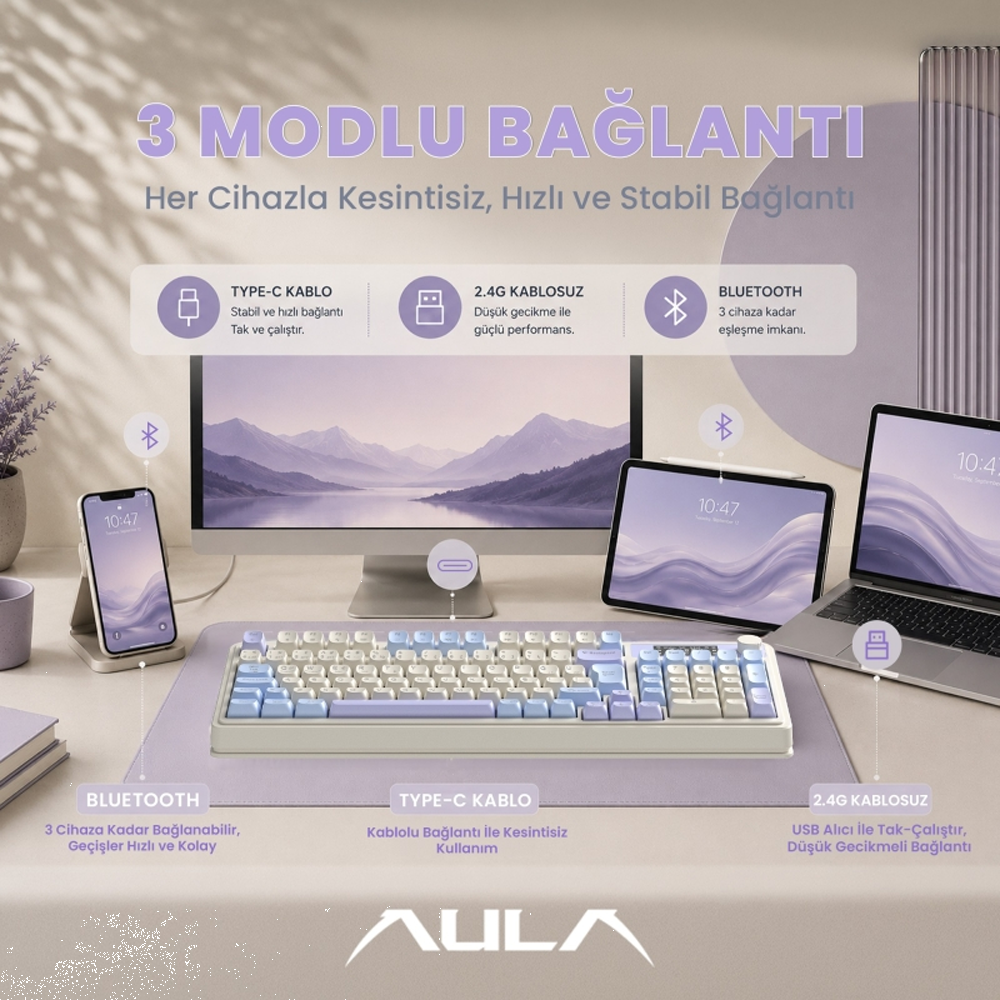Aula S99 PRO Retro RGB Mavi Kablosuz Gaming Klavye