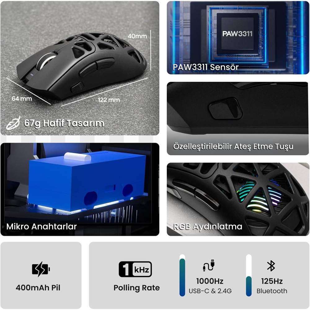 Aula SC620 PAW3311 12000 DPI 1000Hz Kablosuz Siyah Gaming Mouse