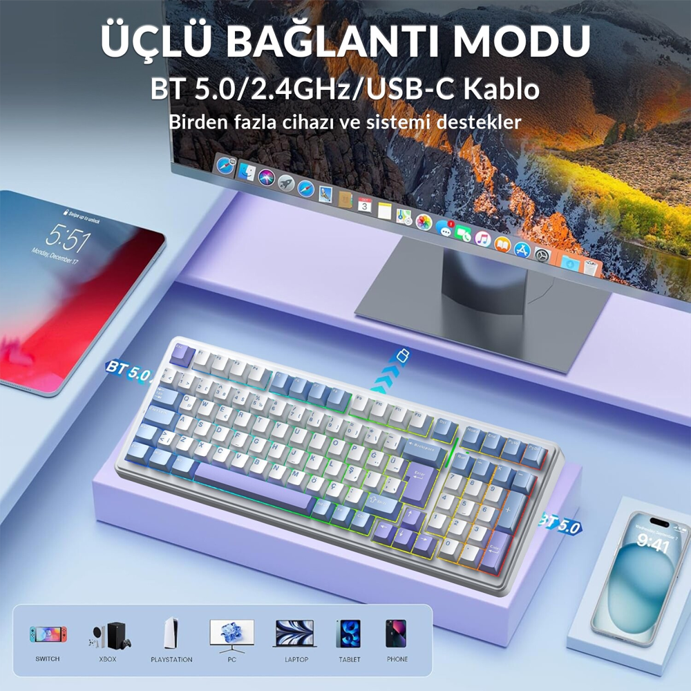 Aula F99 Linear GrayWood V4 Switch Hot Swap RGB Mavi Kablosuz Gaming Klavye