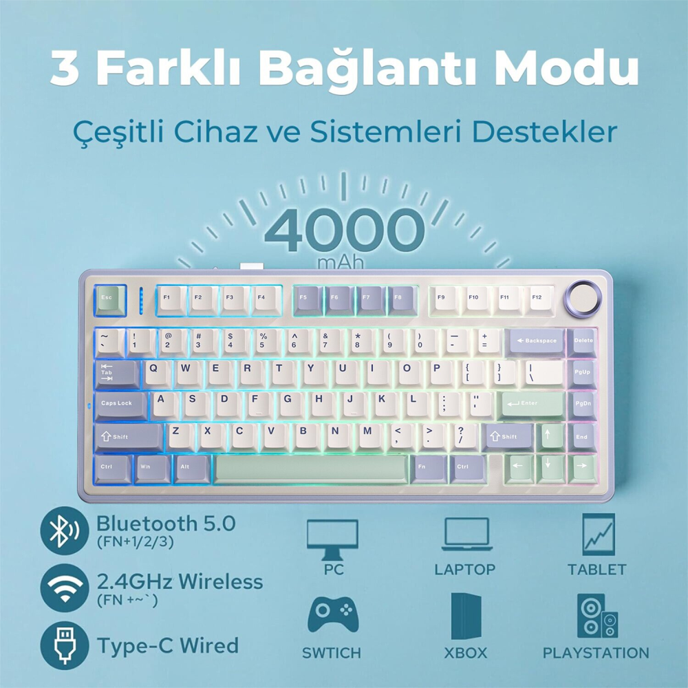 Aula F75 Ice Vein Switch Hot Swap RGB Pastel Kablosuz Mekanik Gaming Klavye