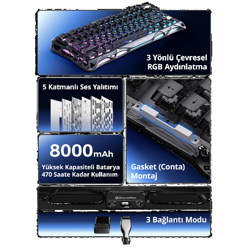 GravaStar Mercury K1 RGB Linear Key Switch İngilizce Q Black Kablosuz Gaming Klavye