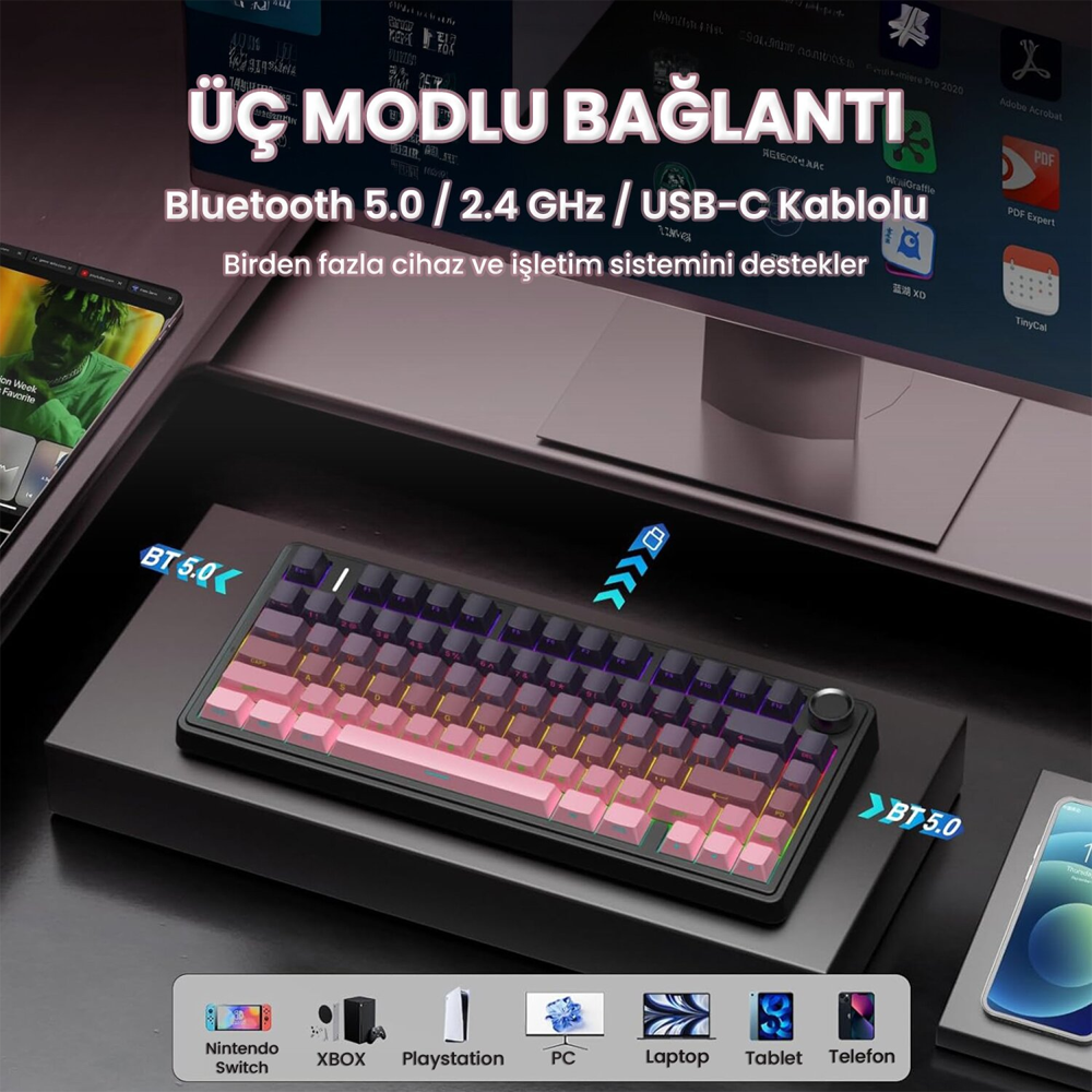 Aula F75 Reaper Switch Hot Swap TKL RGB Gradyan Pembe Kablosuz Mekanik Gaming Klavye