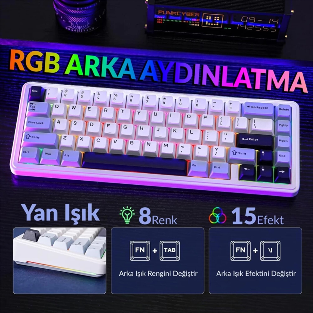 Aula F65 Reaper Switch Hot Swap TKL RGB Buz Mavisi Kablosuz Gaming Klavye