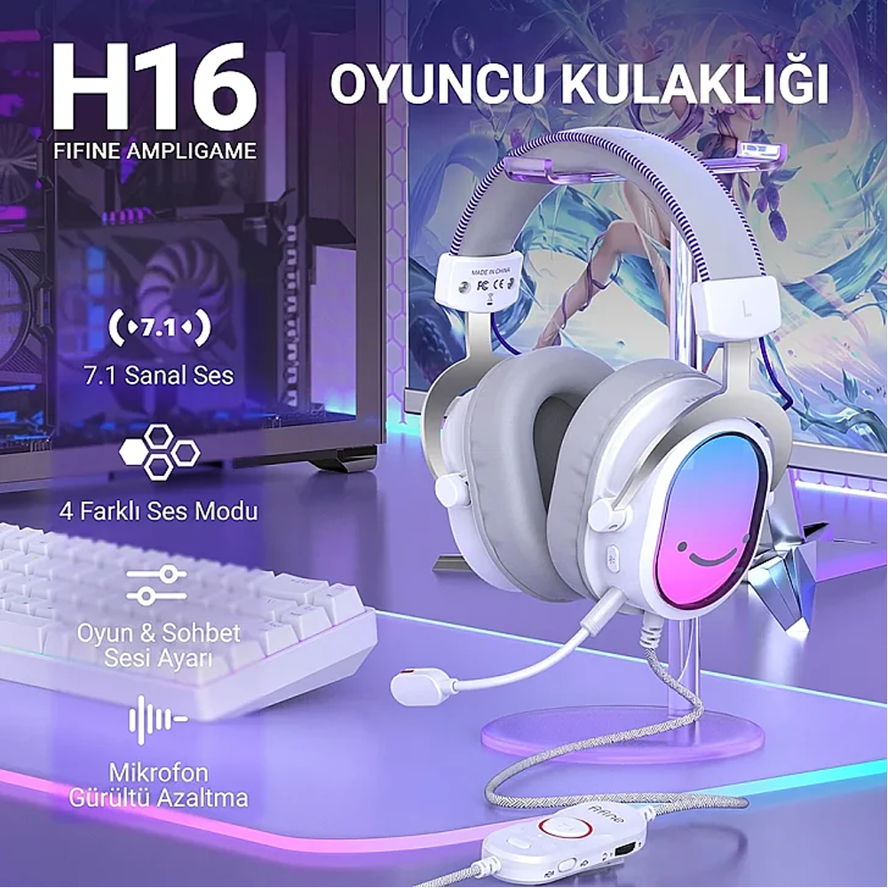 Fifine Ampligame H16 Mikrofonlu 7.1 RGB Beyaz Gaming Kulaklık
