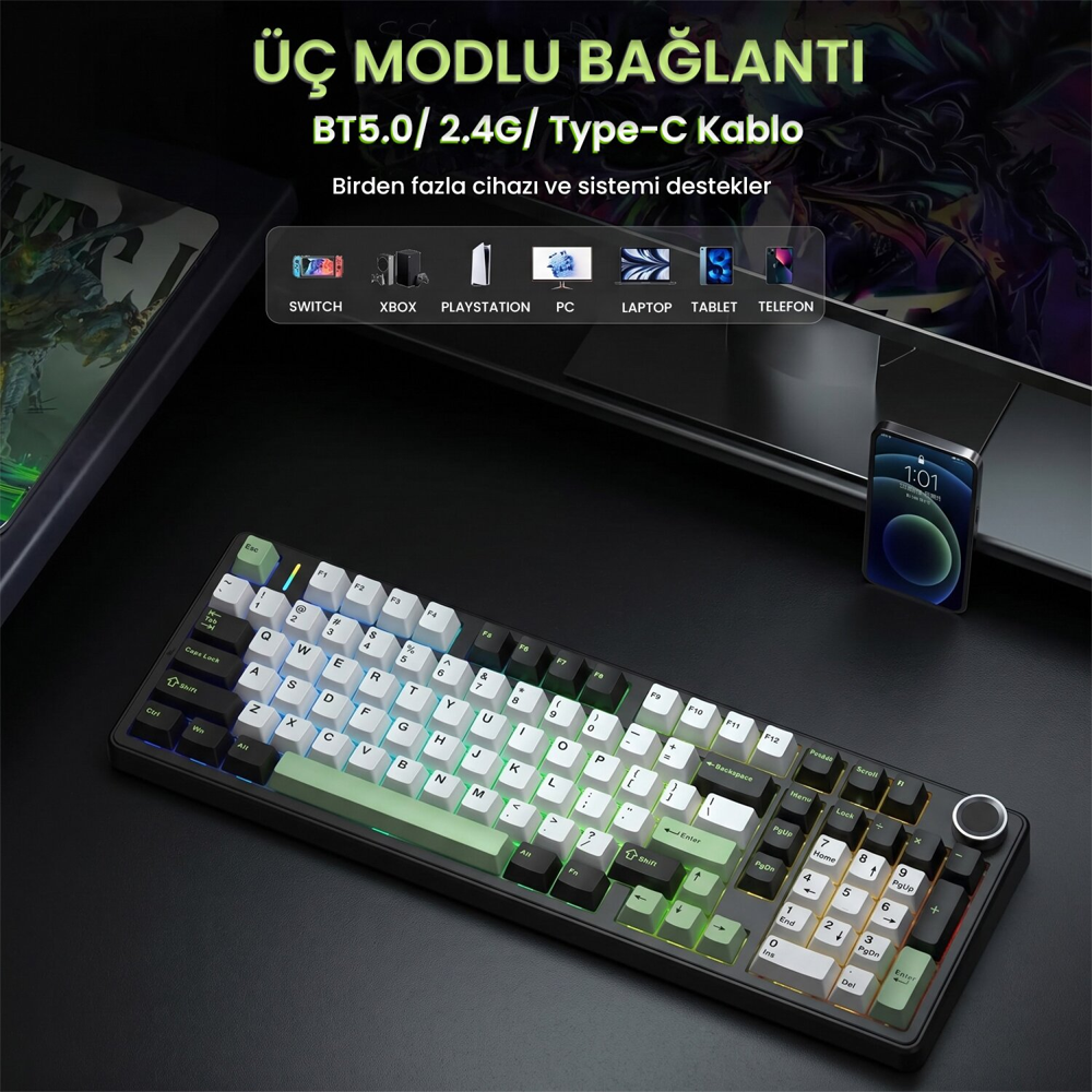 Aula F99 Pro Star Vector Switch Hot Swap RGB Yeşil Kablosuz Mekanik Gaming Klavye