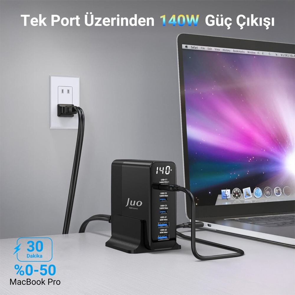 Juo 140W GaN PD 3.1 3 Type-C + 2 USB-A iPhone & MacBook & Laptop Uyumlu Şarj Aleti