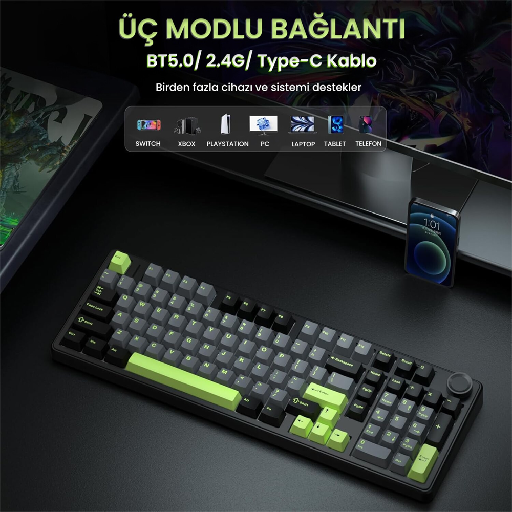 Aula F99 Pro Linear GrayWood V3 Switch Hot Swap RGB Yeşil Kablosuz Gaming Klavye