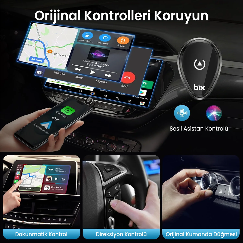 Bix CB01 WIFI CarPlay Android Auto USB Kobloludan Kablosuza Çevirici Adaptör
