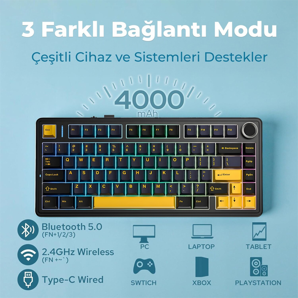 Aula F75 Reaper Switch Hot Swap TKL RGB Siyah Kablosuz Gaming Klavye